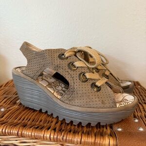 FLY London Ylva Lace Up Slingback Platform Wedge Sandals Tan Women’s 37